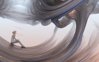 Person sitting in a storm, watercolor image.