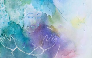 Woman embracing herself in watercolor cartoon format.
