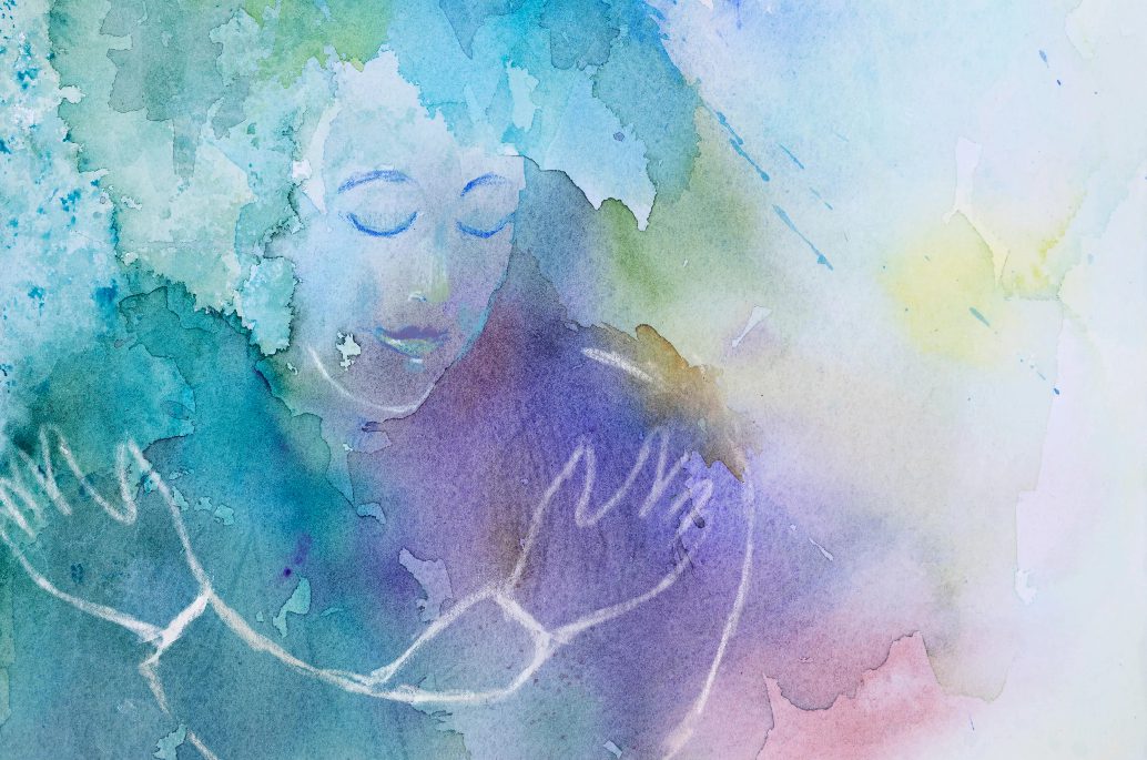 Woman embracing herself in watercolor cartoon format.